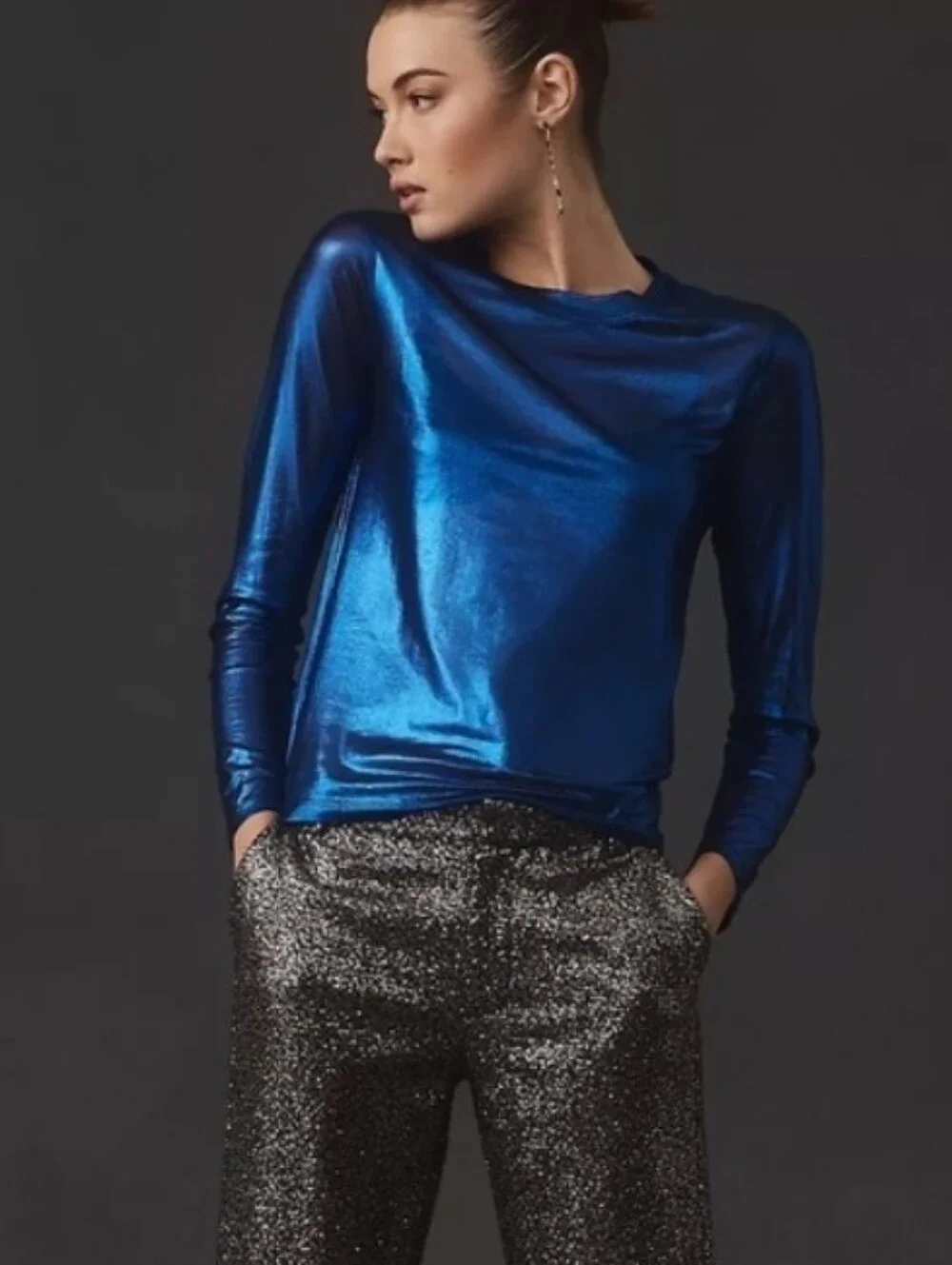 Anthropologie Porridge Shimmer Metallic Blue Long-Sleeve Semi-sheer Top Sz-S